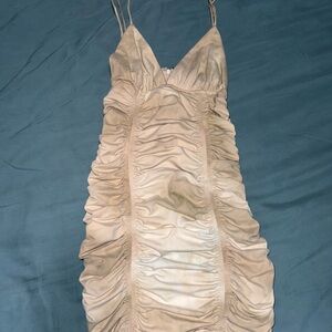 Ruched Tan Mini Dress